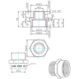 Brass pipe fitting engineering diagram showing thread size and depth